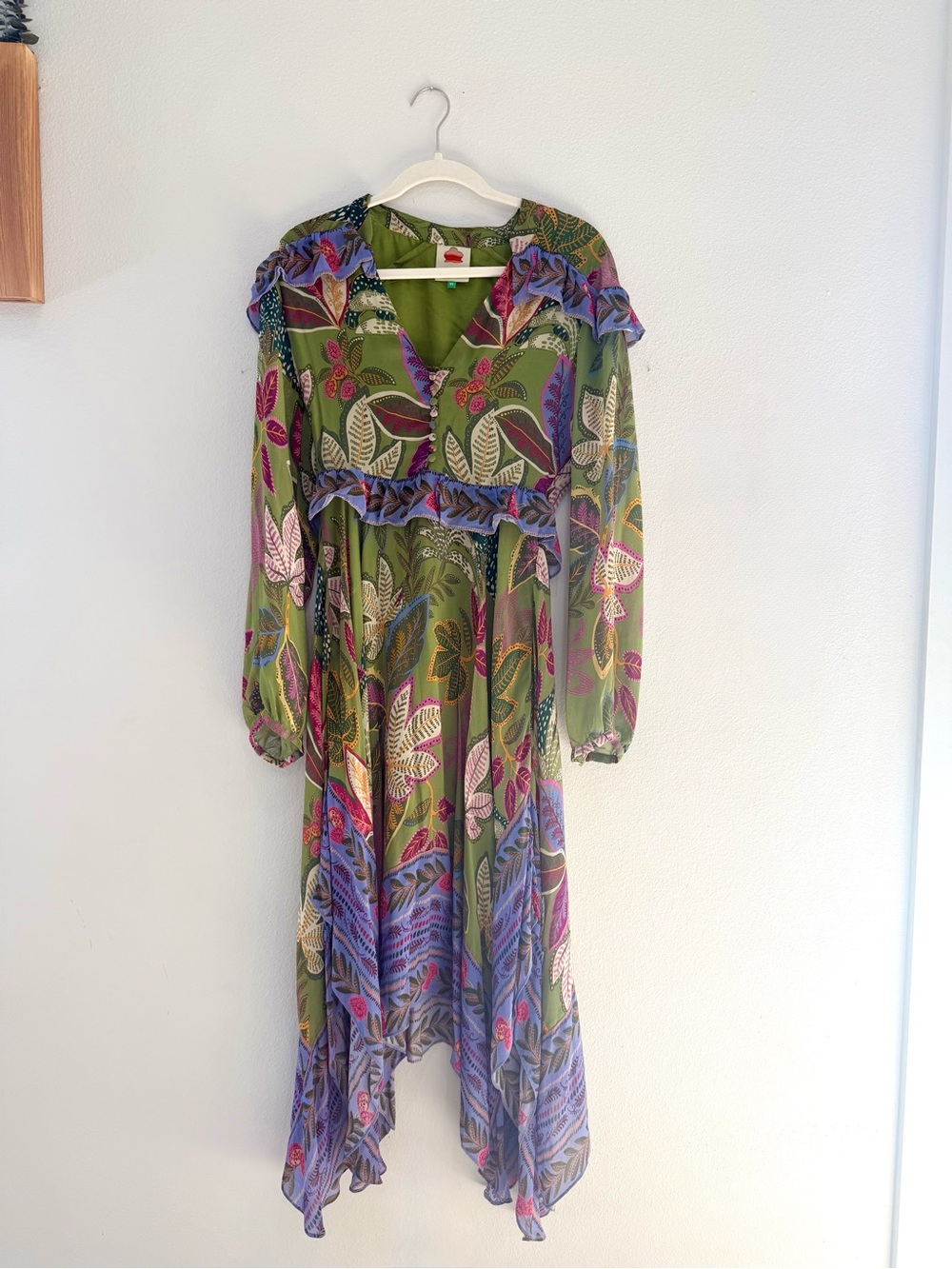 FARM Rio Olive Green Floral Asymmetrical Midi Dress with Purple & Pink Details